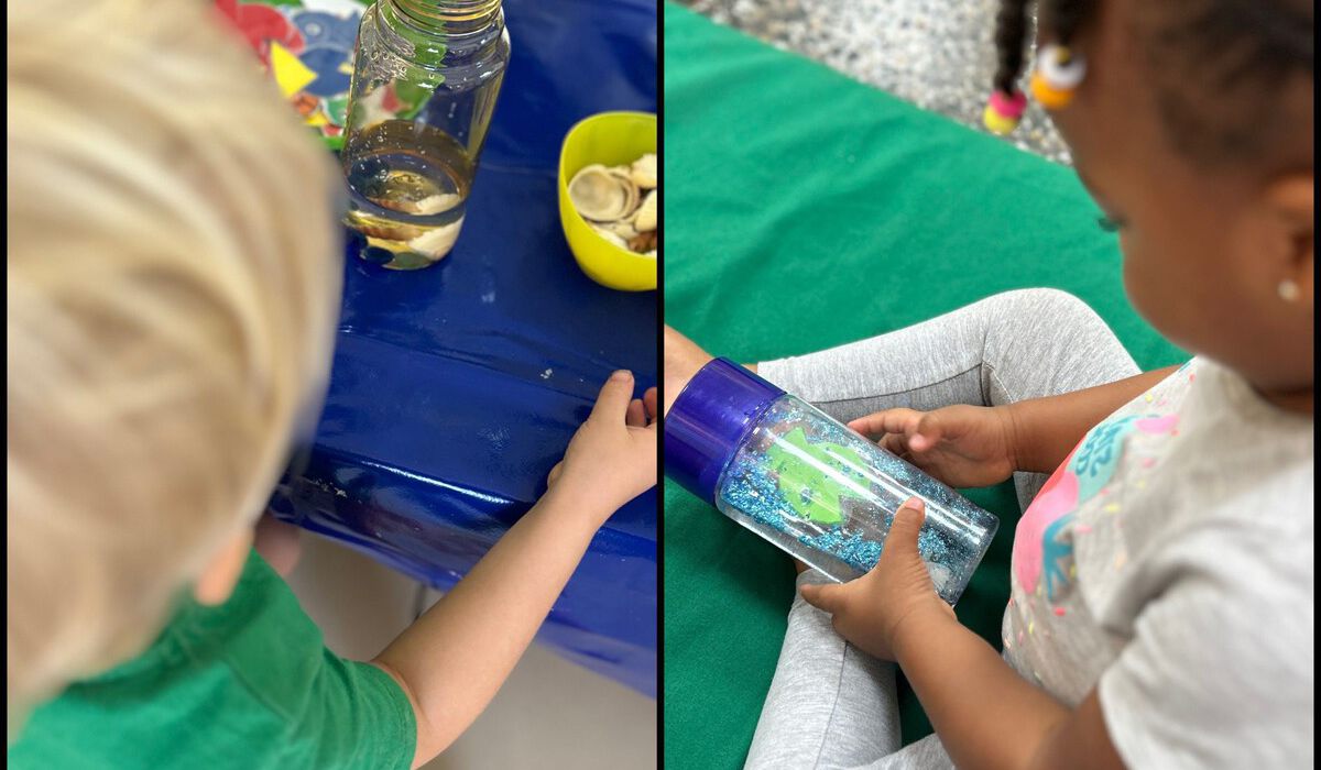 Sensory water bottles with fish, shells and glitter